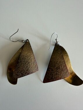 Abstract Geometric Mixed Metal Dangle Earrings Hammered Boho